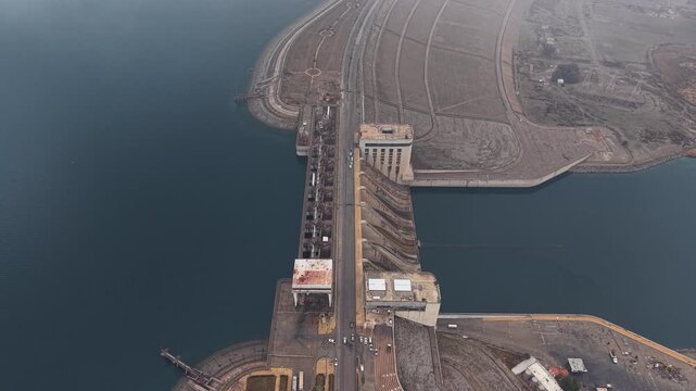A drone shot of the Euphrates Dam (Tabqa Dam), the largest water dam in Syria, following years of conflict and war between the government and Kurdish forces.