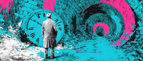 Fototapeta premium Man in trench coat facing giant clock in surreal tunnel, concept of time travel and existentialism
