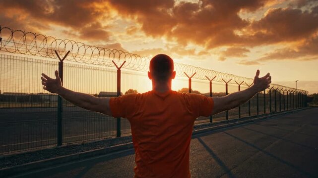 Man with arms outstretched facing a razor wire fence at sunset. Silhouette celebrating freedom and success against a dramatic orange sky. Hope, liberation and victory concept