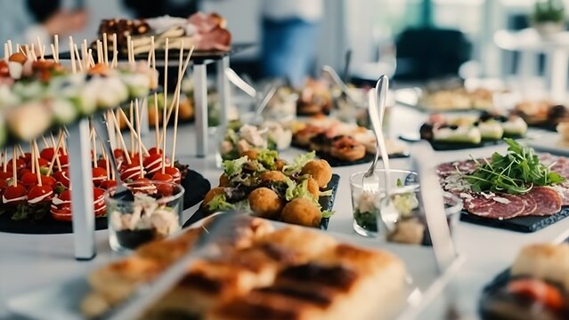 A lavish spread of gourmet appetizers and finger foods beautifully arranged for an elegant catering event