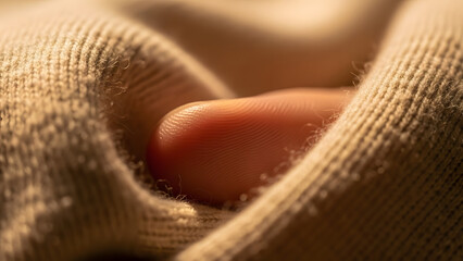 Intimate Close-up Fingerprint Detail Touching Soft Woolen Fabric Material