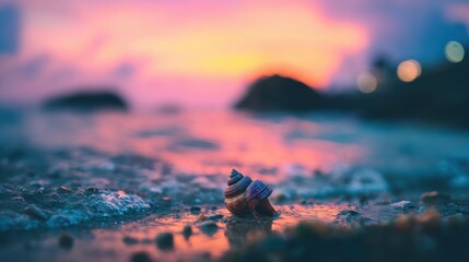Shell on the shore during sunset with colorful sky and water