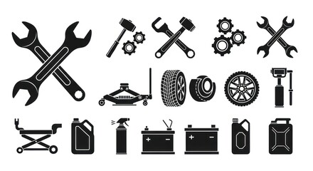 Fototapeta premium Workshop Equipment: Diverse array of essential tools, showcasing a workshop's mechanics, comprising wrenches, cogs, tires, and jacks, among other instrumental elements. 