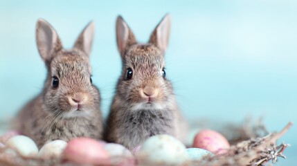 Naklejka premium Rabbits sitting next to colorful eggs in a nest for Easter celebration