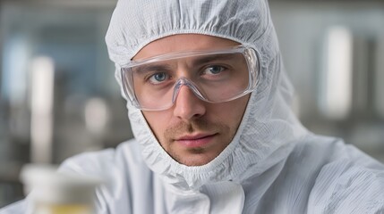 A scientist in a full white protective suit and goggles looks intently in a sterile laboratory