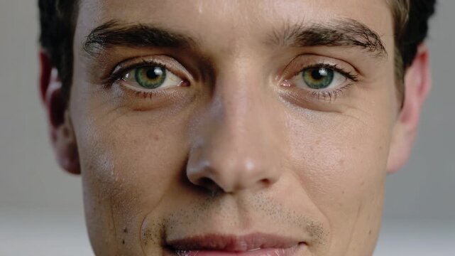 Extreme close-up portrait of smiling young man looking at camera and blinking in studio lighting