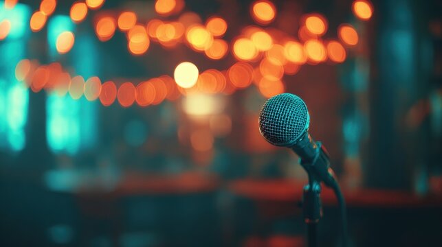Open mic night at a cozy venue with warm lights and a microphone