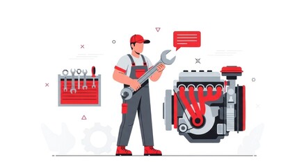 Engine Repair Illustration: A skilled mechanic, equipped with a wrench, meticulously examines a complex engine, showcasing expertise in maintenance and repair within an illustrative setting.