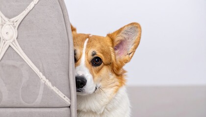 A Pembroke Welsh Corgi peek-a-boos from behind a light gray, upholstered chair. The dog is mostly brown and white