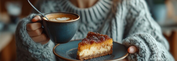 A close-up of a woman in a caf&eacute; enjoying coffee and cake