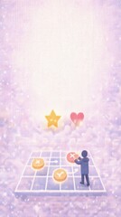 Strategic opportunity knitting pattern, Fair Isle knitting pattern of clean illustration of a person moving glowing pieces on a floating pastel strategy grid while fog lifts to reveal opportunity icon