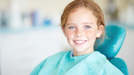 Young girl smiles while sitting in dental chair at clinic