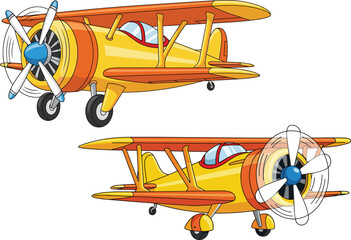Cartoon-style yellow and orange biplanes with blue nose cones and spinning propellers, illustrating motion contrast in aviation-themed side-view artwork. © Tanzila