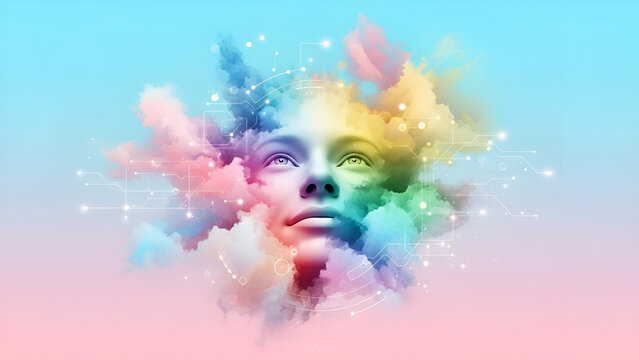 Creativity and Consciousness Concept. Human Face Emerging from Colorful Smoke Clouds with Digital Network Connections.
