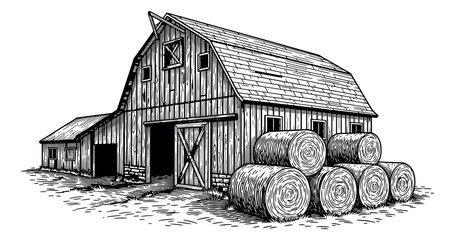 Hand drawn line art illustration of a barn and hay bales depicting a traditional farm setting for agriculture and rural life concepts