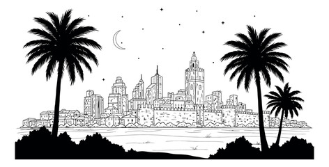 Obraz premium Hand drawn line art illustration of a city skyline with palm trees depicting a night scene for travel and tourism