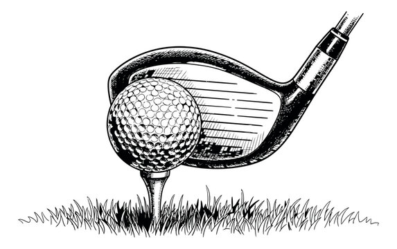 Hand drawn line art illustration of a golf ball on a tee with a golf club depicting the moment before a swing for sports and game concepts