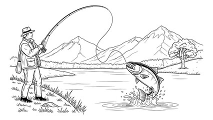 Hand drawn line art illustration of a fisherman catching a fish depicting a successful outdoor activity for sport and recreation