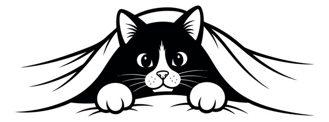 Stylized illustration of a cat depicting peeking out from under a blanket for playful pet designs