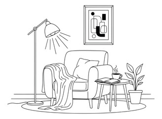 Obraz premium Hand drawn illustration of an armchair reading nook depicting a relaxing home interior for lifestyle concepts