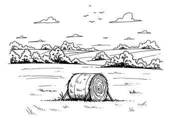 Hand drawn line art illustration of a rural landscape depicting a hay bale in a field for agricultural themes