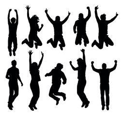 Fototapeta premium Silhouette people set featuring men and women jumping and celebrating for concepts of success and happiness
