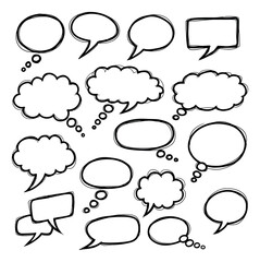 Hand drawn line art speech and thought bubbles set featuring various communication frames for design projects