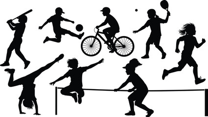 Silhouette icon set of children engaged in diverse sports and physical activities promoting fitness, movement, and active lifestyle in youth illustrations. © Tanzila