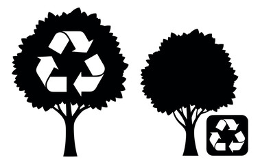 Silhouette graphic ecology icon set featuring trees and a recycle symbol for environmental awareness