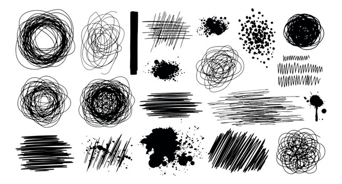 Hand drawn scribble art set featuring ink splatters and abstract lines for graphic design