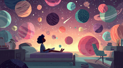 A whimsical illustration of a young girl sitting on her bed, surrounded by a magical floating solar system. This conceptual art represents imagination, childhood dreams, and cosmic wonder.