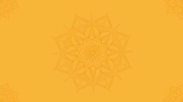 Yellow color Abstract Rotating animated mandala backdrop art design in orange background copy space 4k seamless loop artistic animation Tamil, Hindu, sri lankan new year concept