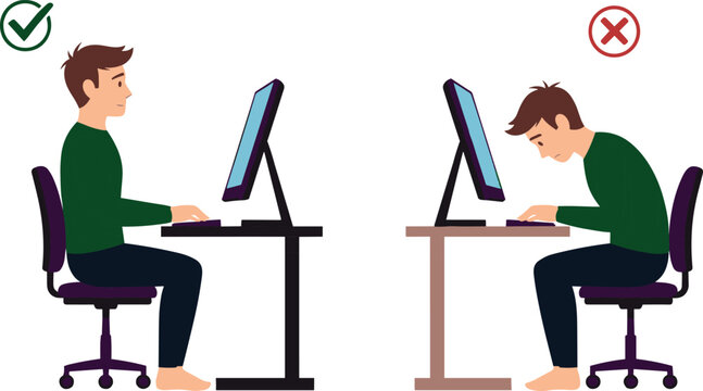 Vector illustration showing correct and incorrect sitting posture at a computer desk with ergonomic tips for healthy back and spine isolated on white background
