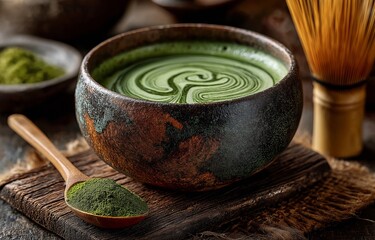 Perfectly whipped, earthy matcha tea flows in a handmade basin. Its vivid green color offers a revitalizing and nutritious experience. Zen in a cup for a time.