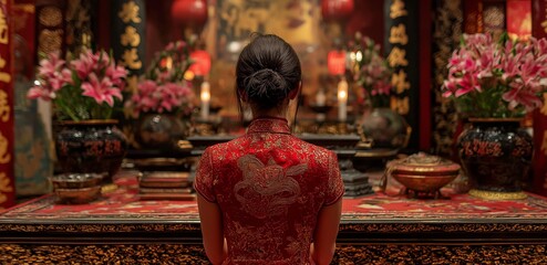 During the Lunar New Year, an Asian elderly woman wearing a crimson cheongsam qipao outfit makes a request to the ancestor god inside a Chinese Buddhist temple for good fortune and blessings.