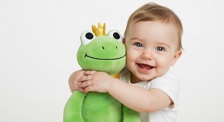 真っ白な背景に柔らかな光が差し込む中王冠カエルをぎゅっと抱きしめ無邪気な笑顔を輝かせる愛らしい赤ちゃん. AI Generated