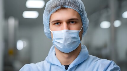 Man in protective gear with mask and cap in sterile environment