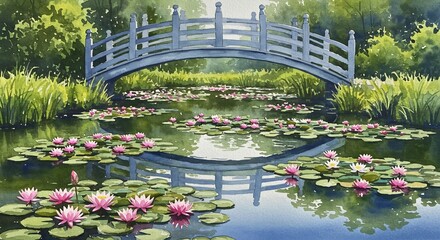 静かに輝く水面に白い石橋が映り込みピンクのスイレンが優雅に咲く穏やかな夏の庭園風景. AI Generated