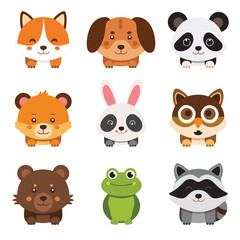 Obraz premium Adorable flat vector animals arranged in a neat grid, featuring cute cat, dog, fox, panda, rabbit, bear, owl, frog, and raccoon characters with soft colors and friendly smiles.