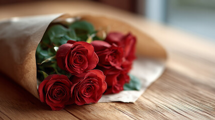 Red roses bouquet wrapped in paper for romantic gift