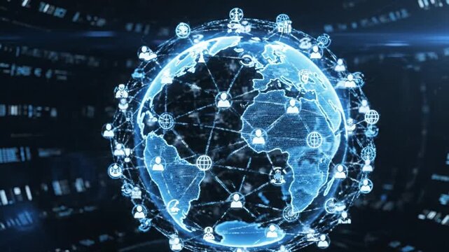 Digital globe with interconnected abstract icons, remote global workforce