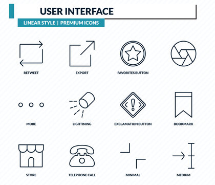 user interface icons set - retweet, export, favorites button, bookmark, medium outline vector collection.