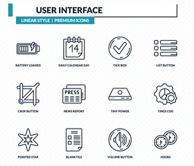 user interface icons set - battery loaded, daily calendar day 14, tick box, tings cog, hours outline vector collection.