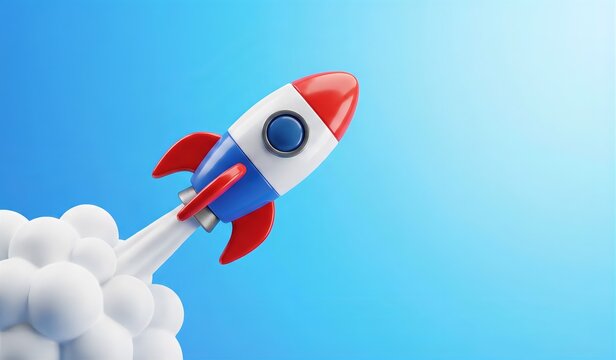 青い背景を右肩上がりに飛んでいく3Dのロケット、スタートアップビジネスと成功のコンセプト（発射）