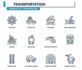 transportation icons set - ship helm, patrol car, schooner, , airport shuttle outline vector collection. © IconArt