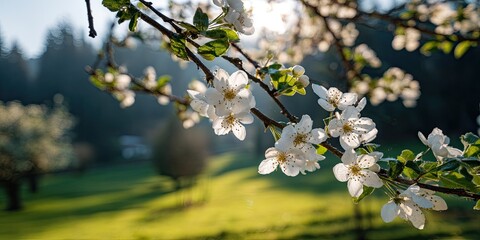 Obraz premium White blossoms on a branch, sunlight streaming through, over green lawn and trees in background