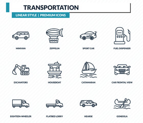 transportation icons set - minivan, zeppelin, sport car, car frontal view, gondola outline vector collection. © IconArt
