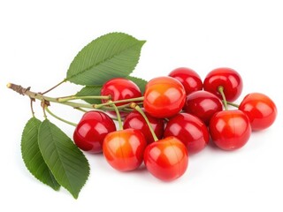 Obraz premium Fresh cherries with green leaves on white background