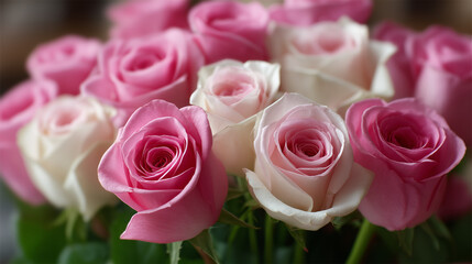 Tightly packed pink and white roses 
