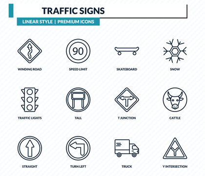 traffic signs icons set - winding road, speed limit, skateboard, cattle, y intersection outline vector collection.